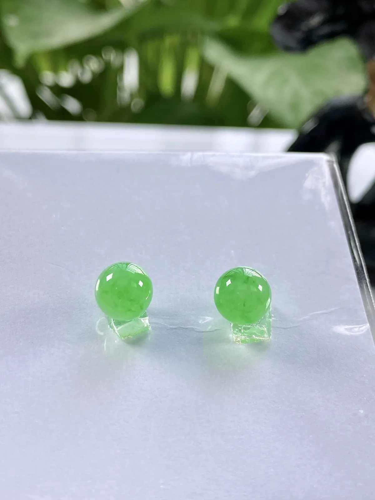缅甸天然翡翠A货，卡7高冰种起光起胶满绿冰阳绿圆珠一对镶嵌件，尺寸：7mm/2颗，重量：3.41g（含纸垫）