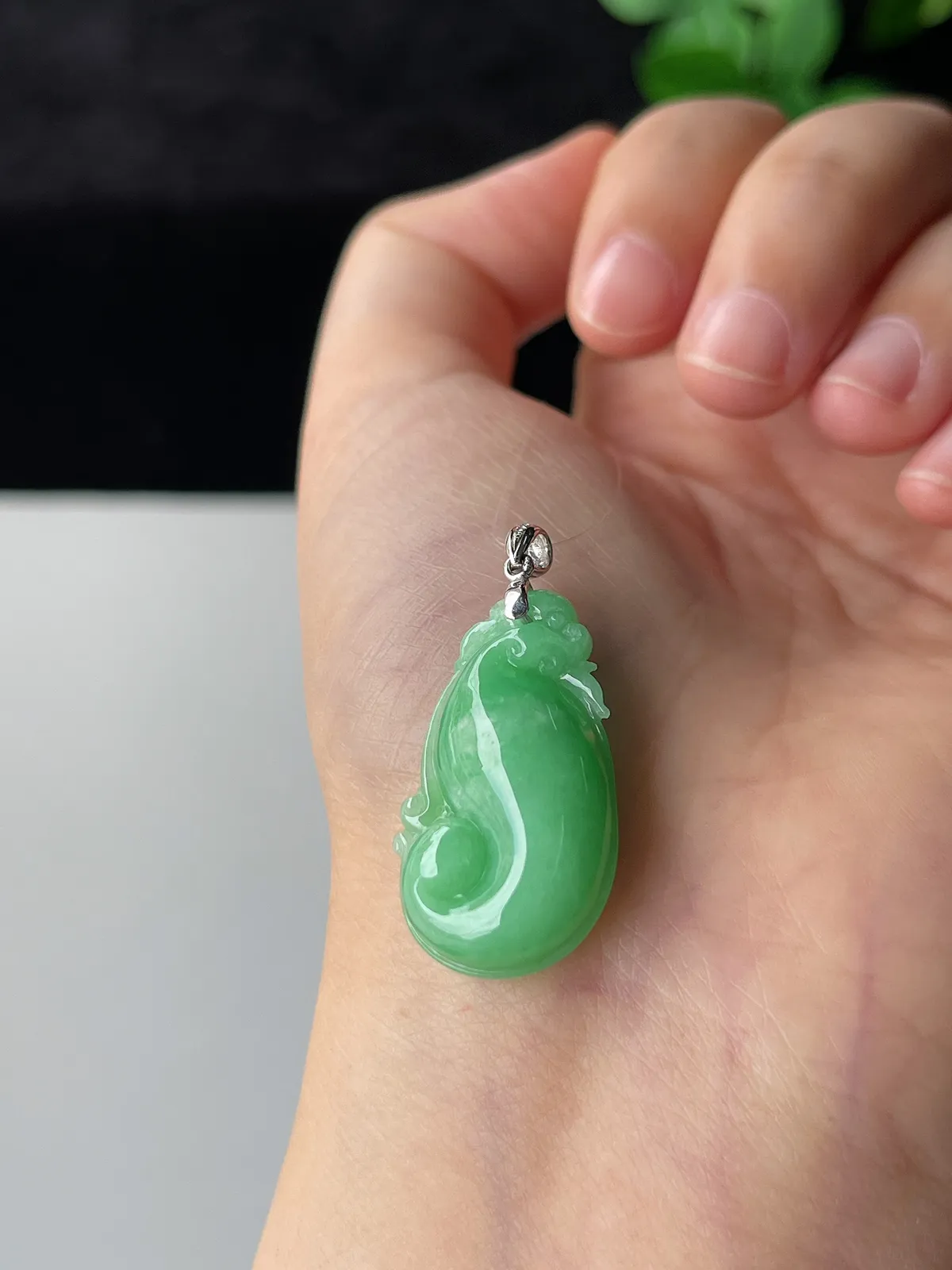 翡翠糯化种浅绿色如意，印记：G18K,伴钻石