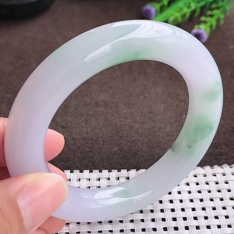 自然光55圈口老坑冰胶水灵紫底飘花胖手镯翡翠玉镯尺寸55/12.1/11.8