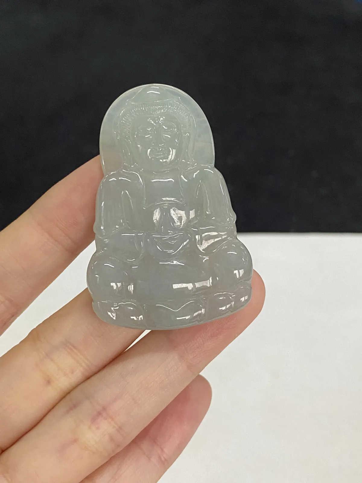 翡翠冰糯种灰绿色观音吊坠