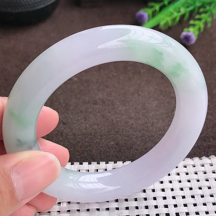 自然光55圈口老坑冰胶水灵紫底飘花胖手镯翡翠玉镯尺寸55/12.1/11.8