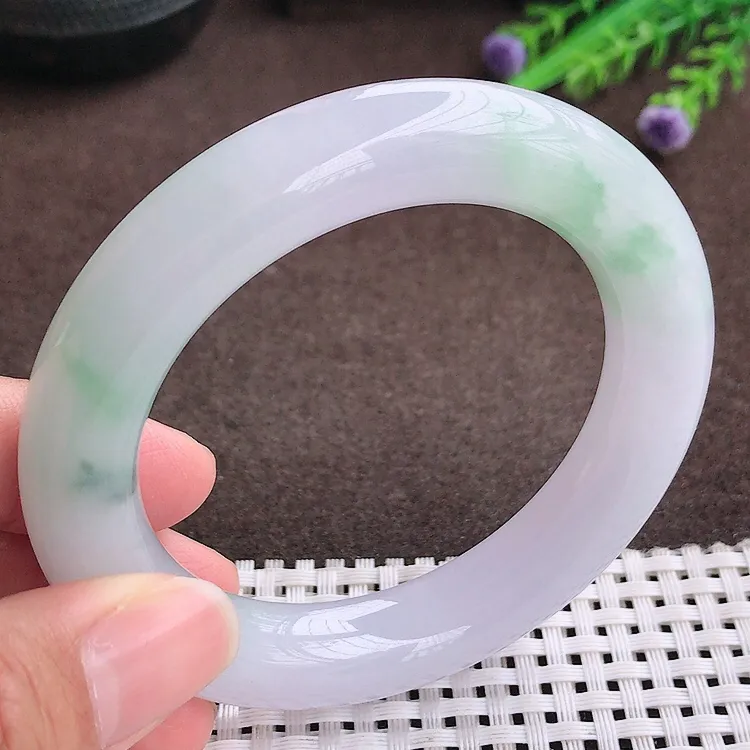 自然光55圈口老坑冰胶水灵紫底飘花胖手镯翡翠玉镯尺寸55/12.1/11.8
