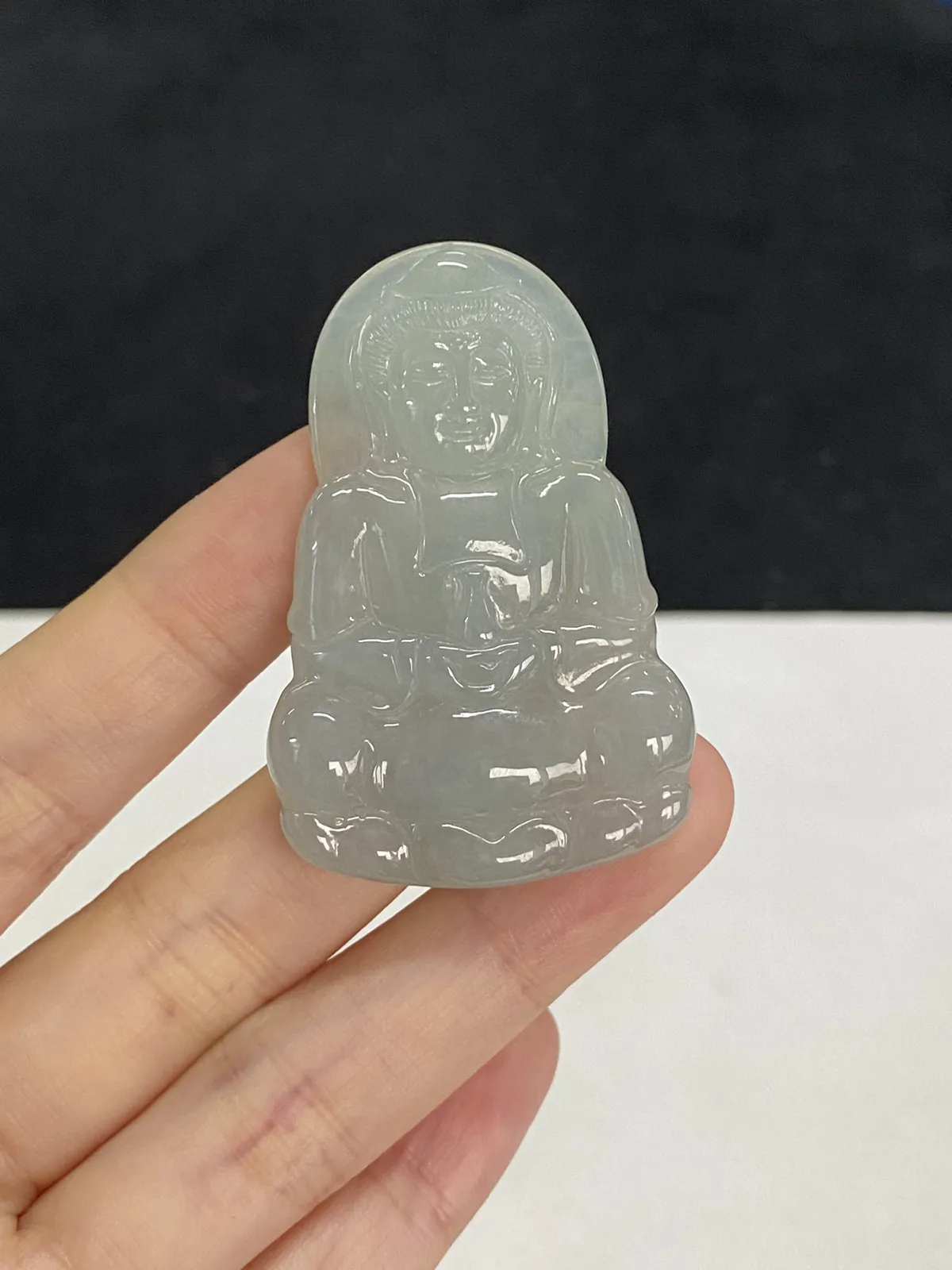 翡翠冰糯种灰绿色观音吊坠