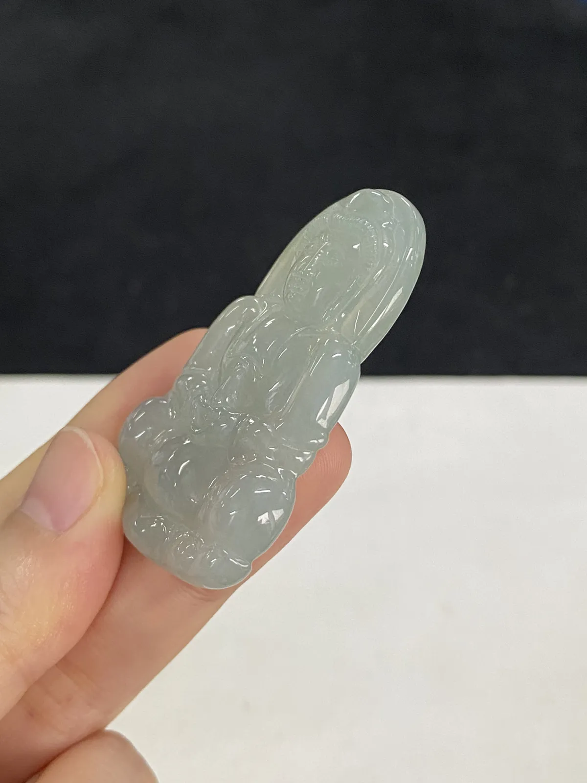 翡翠冰糯种灰绿色观音吊坠