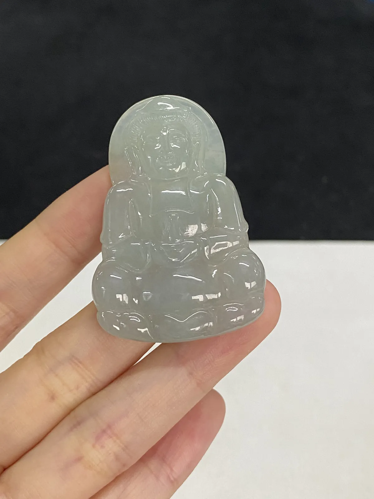 翡翠冰糯种灰绿色观音吊坠