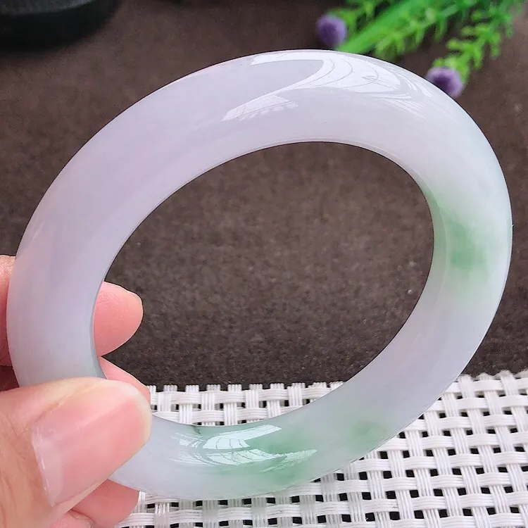 自然光55圈口老坑冰胶水灵紫底飘花胖手镯翡翠玉镯尺寸55/12.1/11.8