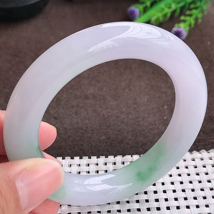自然光55圈口老坑冰胶水灵紫底飘花胖手镯翡翠玉镯尺寸55/12.1/11.8
