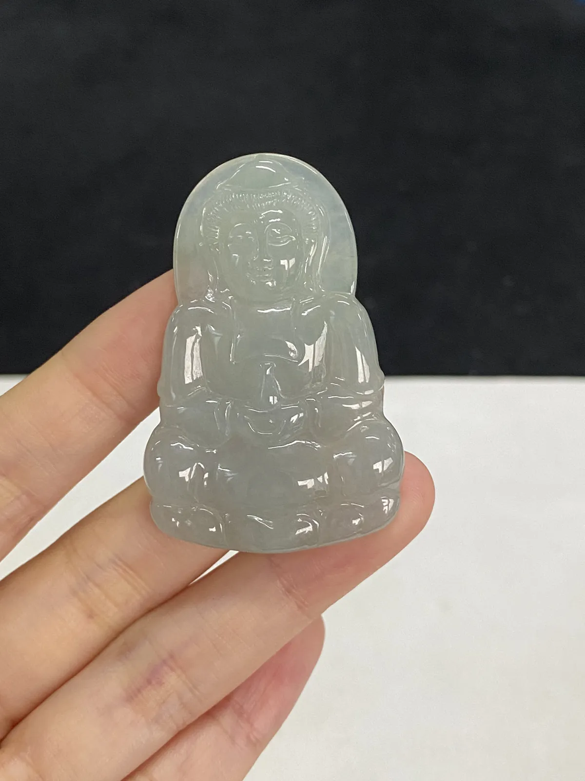 翡翠冰糯种灰绿色观音吊坠