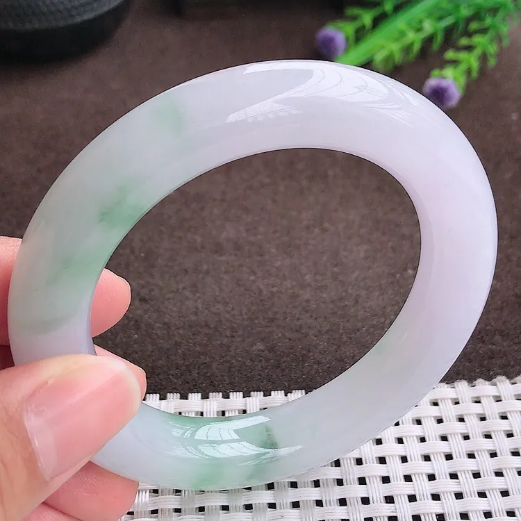 自然光55圈口老坑冰胶水灵紫底飘花胖手镯翡翠玉镯尺寸55/12.1/11.8
