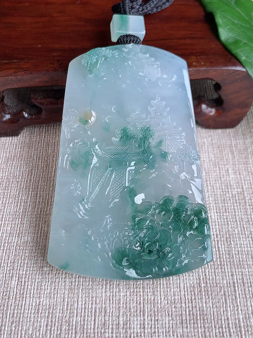 缅甸a货翡翠ddj老坑冰种飘黄翡飘花意境山水牌吊坠 整体63.5×41×6.2mm 44.78