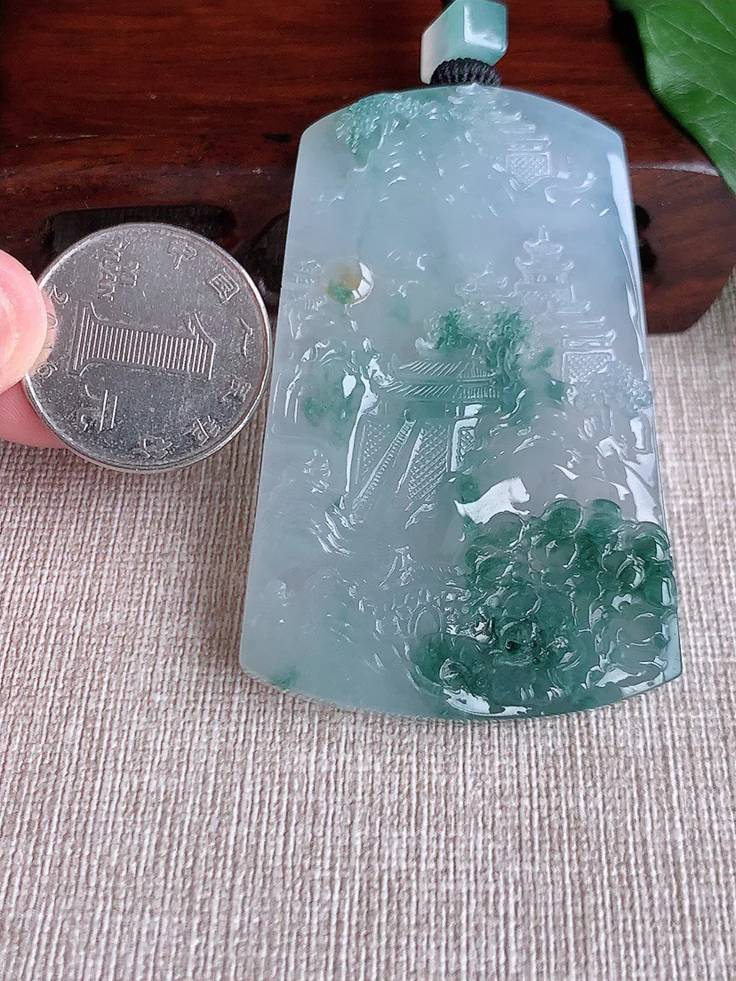 缅甸a货翡翠ddj老坑冰种飘黄翡飘花意境山水牌吊坠 整体63.5×41×6.2mm 44.78