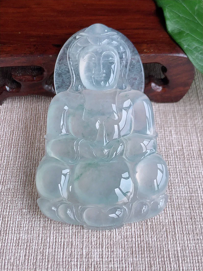 缅甸a货翡翠ddj老坑玻璃种冰飘花大正装观音吊坠 整体69.4×42.5×6.4mm 35.00