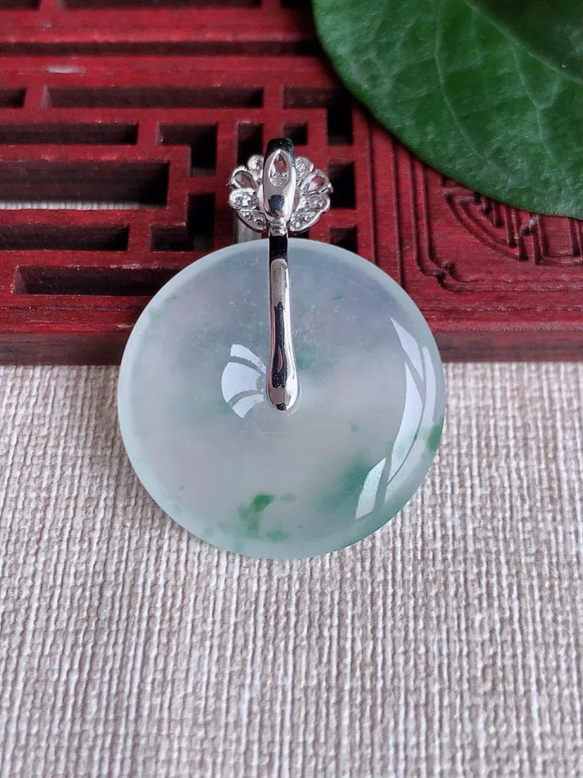 缅甸a货翡翠ddj老坑高冰种18K金镶嵌飘花平安扣吊坠 整体36.4×27.4×4.6mm 8.55