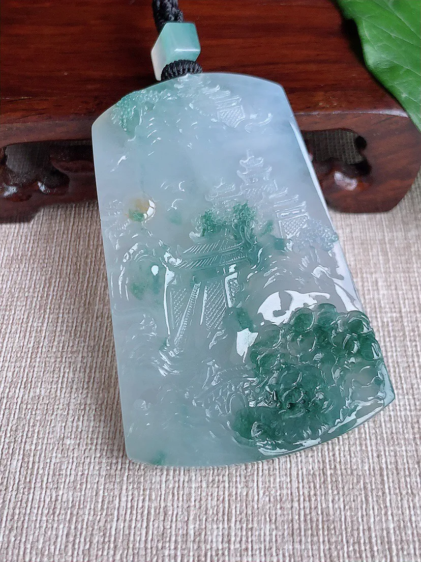 缅甸a货翡翠ddj老坑冰种飘黄翡飘花意境山水牌吊坠 整体63.5×41×6.2mm 44.78