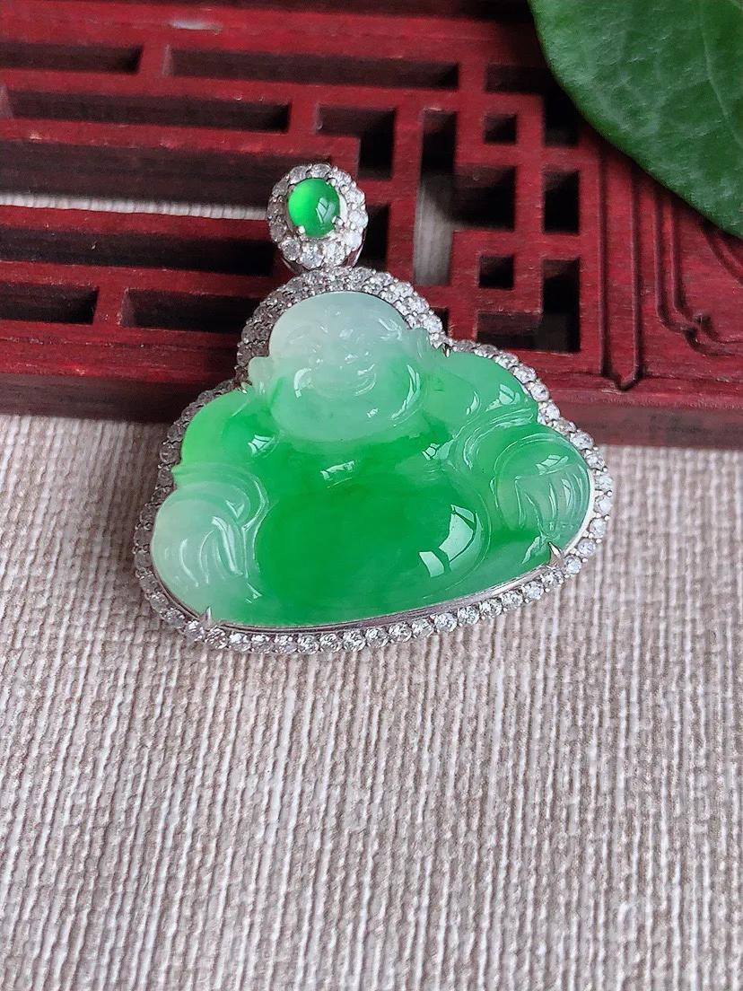缅甸a货翡翠ddj老坑冰种18K金镶嵌飘阳绿佛公吊坠 整体31×29.7×10裸石19.7×26.7mm 9.15