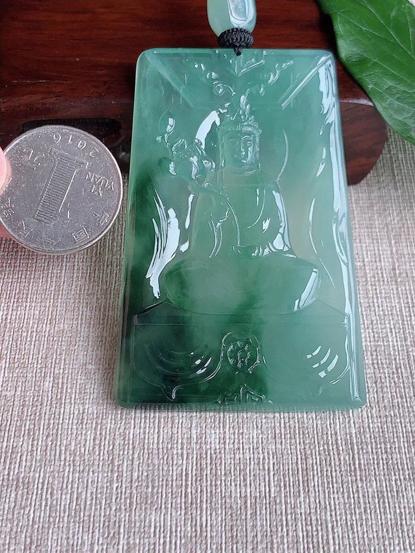 缅甸a货翡翠ddj老坑冰种飘花大件厚装大势至菩萨吊坠  整体71.8×45.8×5.7mm 50.00