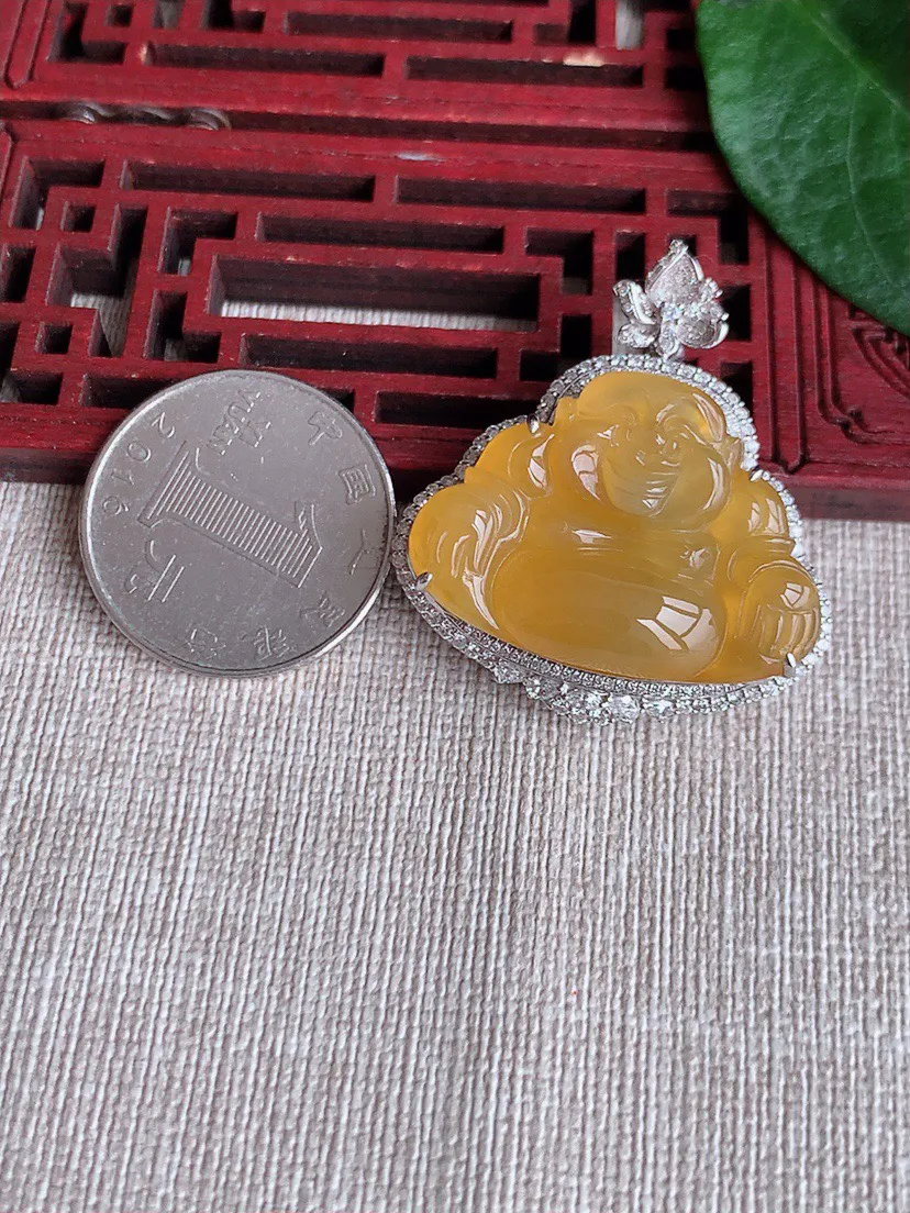 缅甸a货翡翠ddj老坑冰种18K金镶嵌黄翡佛公吊坠 整体37.4×33.6×13.4裸石22.2×31mm 13.60