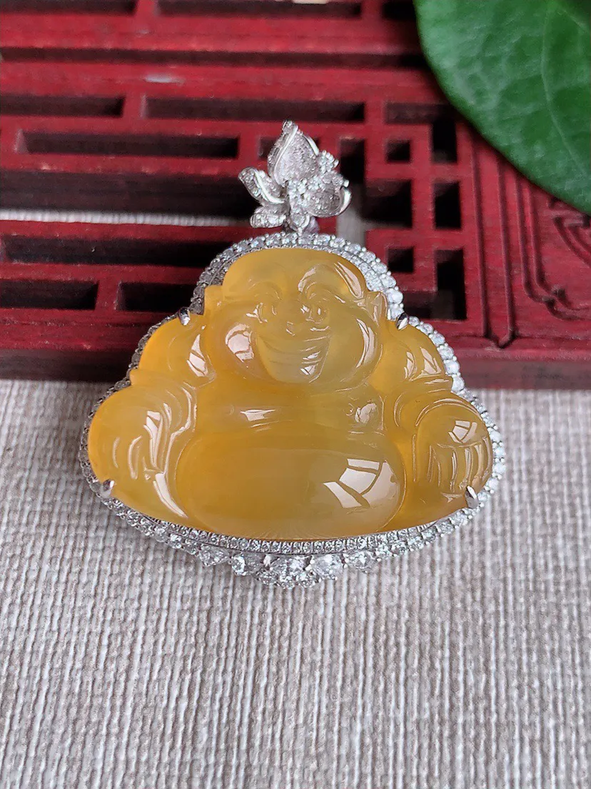缅甸a货翡翠ddj老坑冰种18K金镶嵌黄翡佛公吊坠 整体37.4×33.6×13.4裸石22.2×3