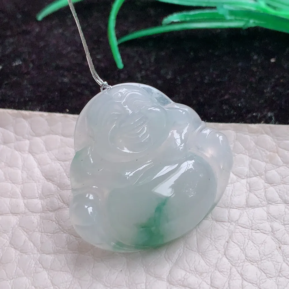 xqa实拍28*30.6*6.3天然翡翠A货冰飘花小佛公吊坠大肚弥勒佛像