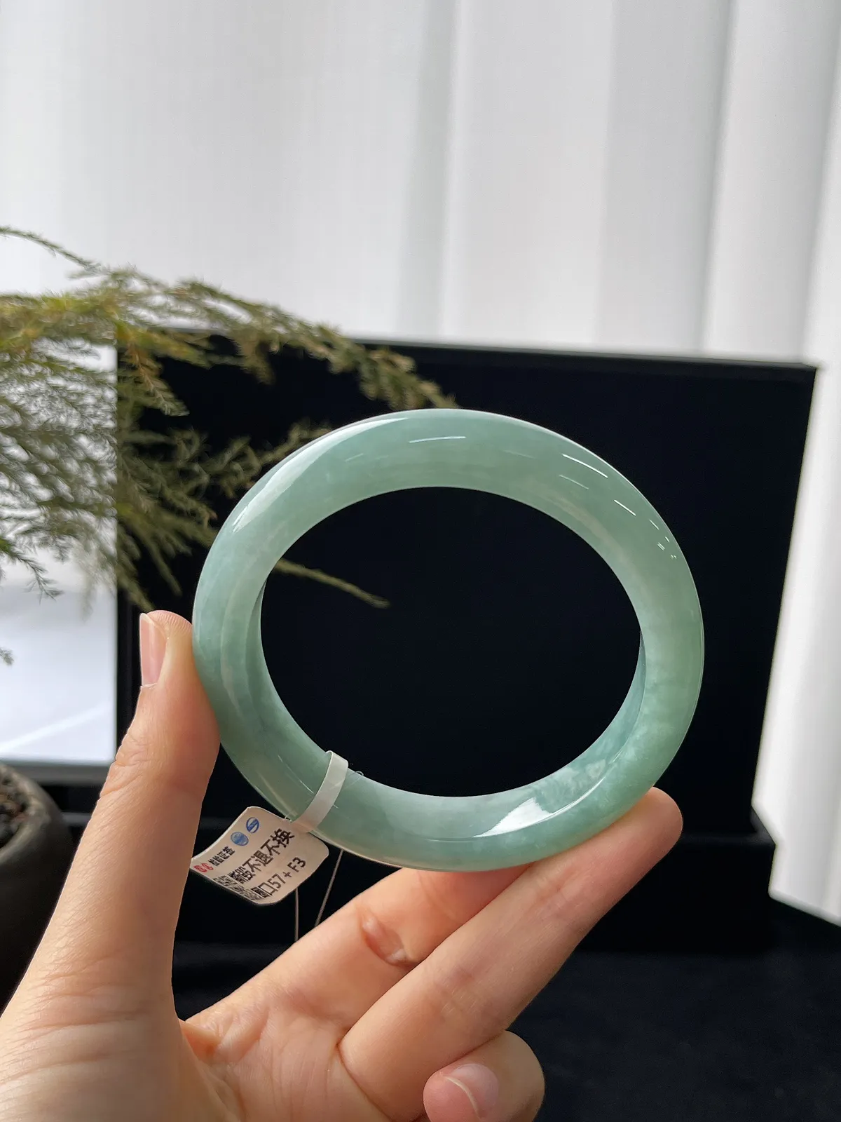 正圈57圈口，翡翠糯化种淡绿色手镯