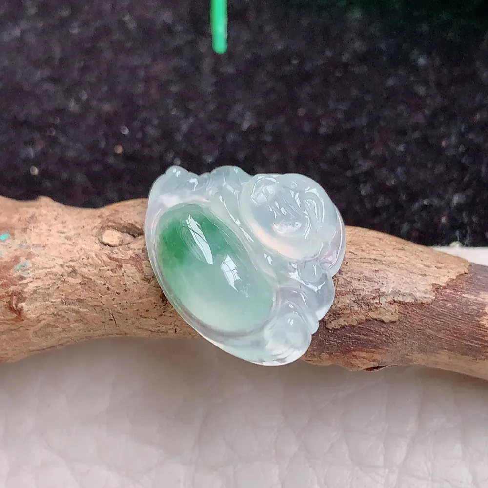 f9实拍15.5*19.7*5.5天然翡翠A货冰种飘花小佛公吊坠 精致弥勒佛锁骨坠