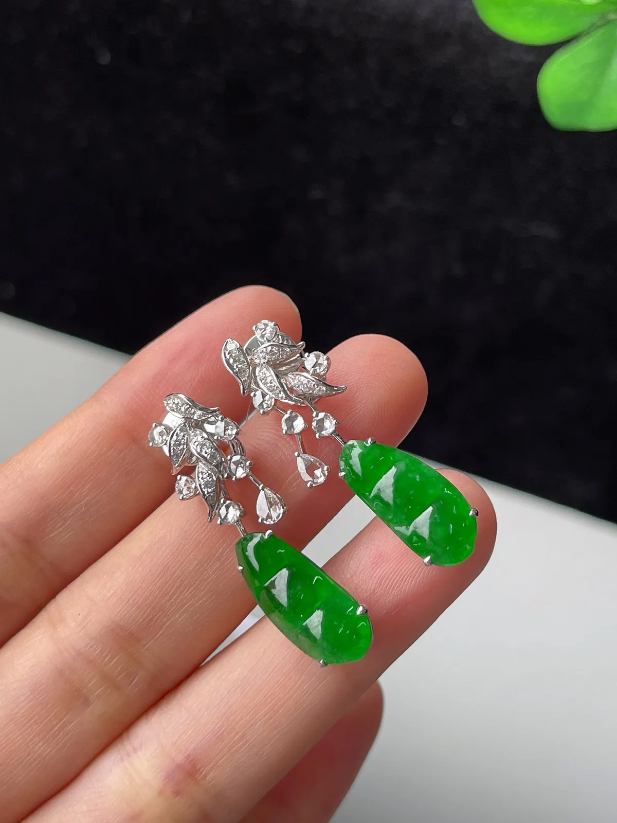 翡翠冰辣绿色四季豆耳坠