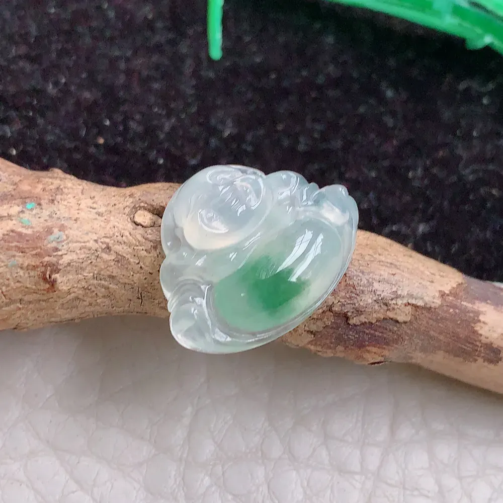 f9实拍15.5*19.7*5.5天然翡翠A货冰种飘花小佛公吊坠 精致弥勒佛锁骨坠