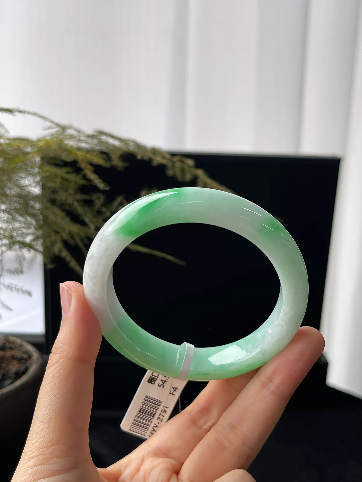 正圈54.5圈口，翡翠糯化种飘绿手镯