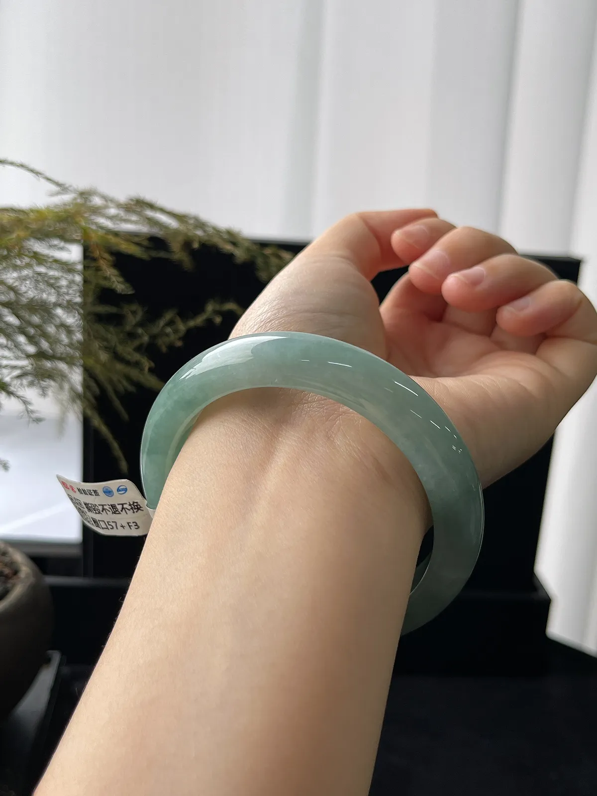 正圈57圈口，翡翠糯化种淡绿色手镯