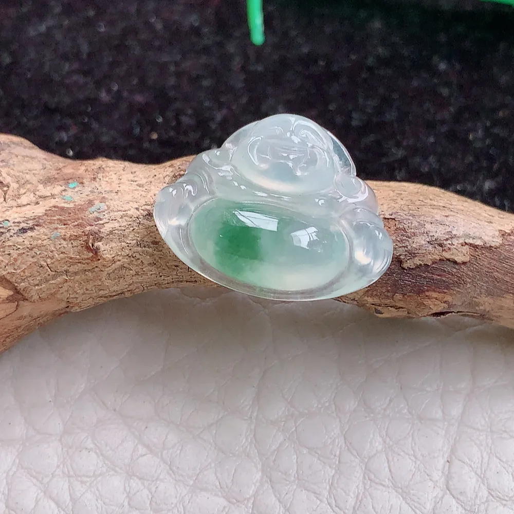 f9实拍15.5*19.7*5.5天然翡翠A货冰种飘花小佛公吊坠 精致弥勒佛锁骨坠