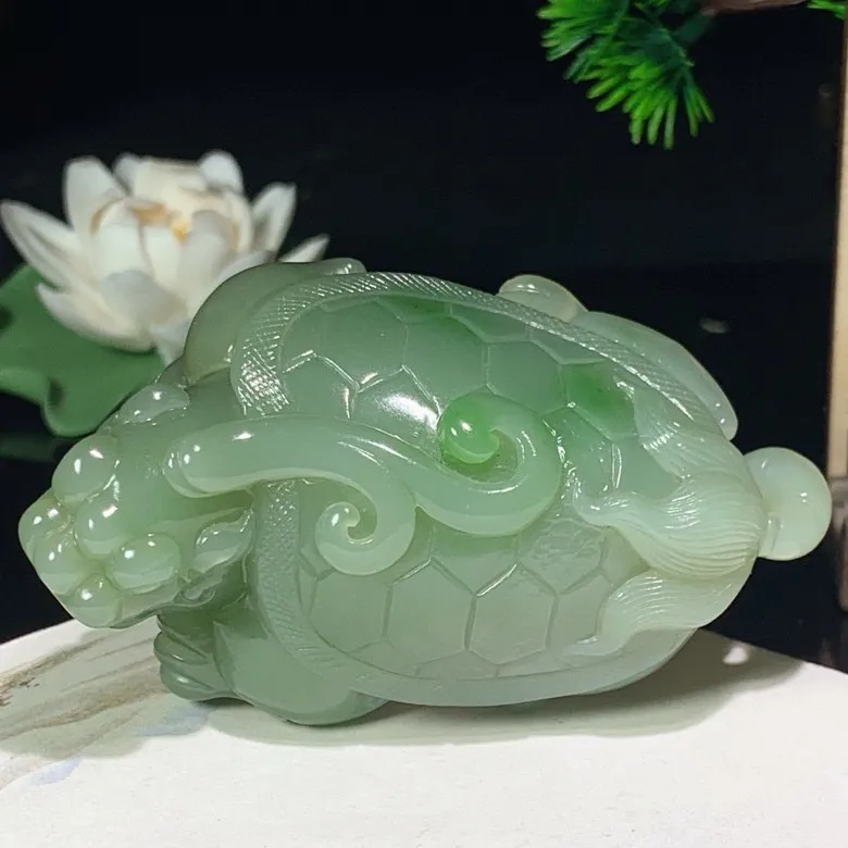 收藏级和田玉粉青飘阳绿俄罗斯碧玉龙龟富贵长寿把件。尺寸81/50/29重147克。无裂无结构。玉质细腻油润。手推出油。佩戴高端大气。lt250421