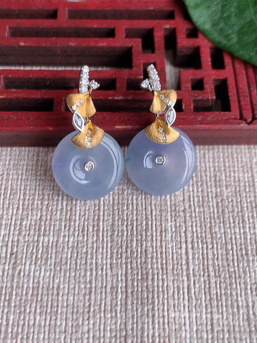 缅甸a货翡翠ddj老坑冰种18K金镶嵌紫罗兰平安扣耳坠 整体12.4×2.7mm 3.30