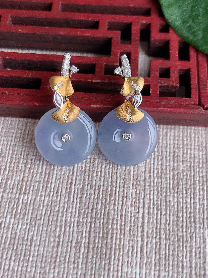 缅甸a货翡翠ddj老坑冰种18K金镶嵌紫罗兰平安扣耳坠 整体12.4×2.7mm 3.30