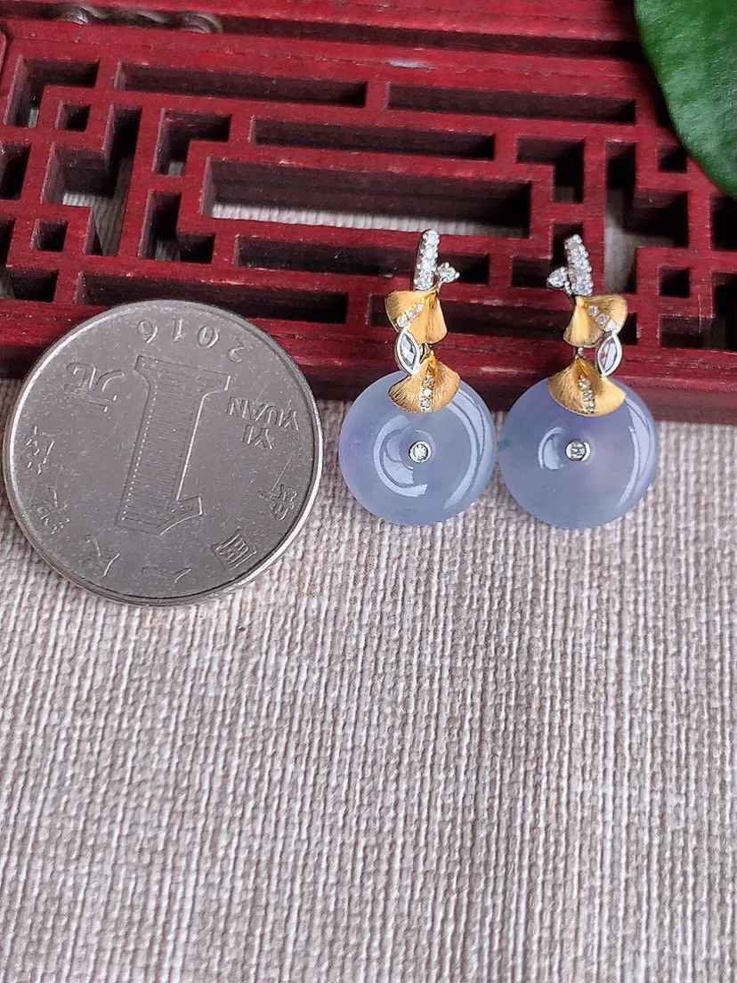 缅甸a货翡翠ddj老坑冰种18K金镶嵌紫罗兰平安扣耳坠 整体12.4×2.7mm 3.30
