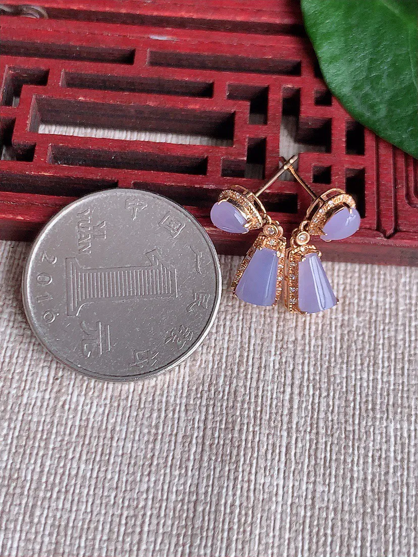 缅甸a货翡翠ddj老坑冰种18K金镶嵌紫罗兰无事牌耳坠 整体7.3×4×5.2mm 2.00