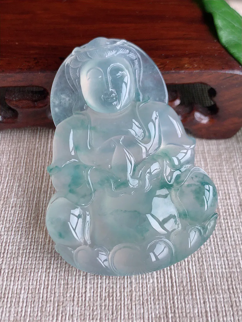 缅甸a货翡翠ddj老坑高冰种冰飘花正装观音吊坠 整体57.7×40×8.2mm 32.48