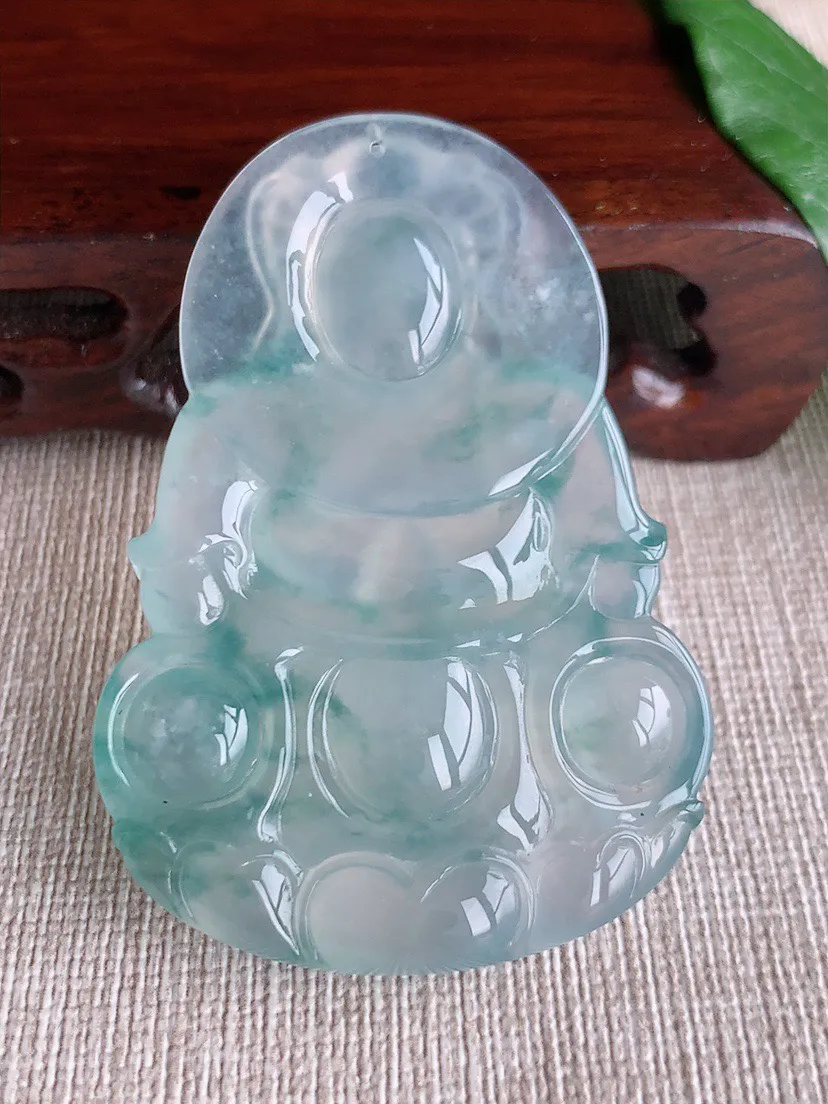 缅甸a货翡翠ddj老坑高冰种冰飘花正装观音吊坠 整体57.7×40×8.2mm 32.48