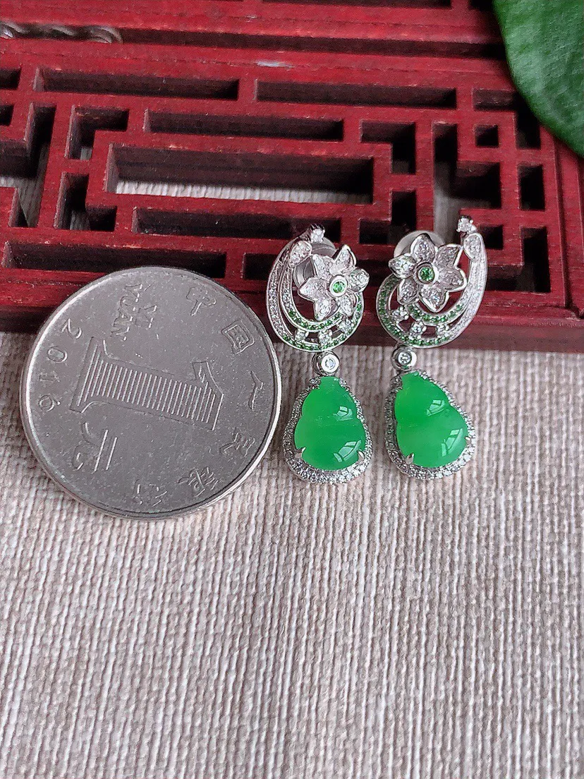 缅甸a货翡翠ddj老坑冰种18K金镶嵌甜绿葫芦耳坠 整体8.7×6.6×4.4mm 4.54