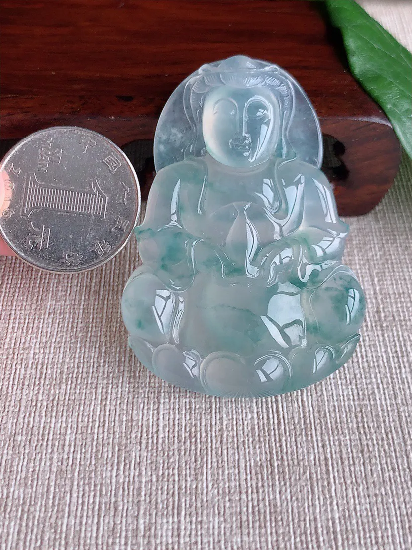 缅甸a货翡翠ddj老坑高冰种冰飘花正装观音吊坠 整体57.7×40×8.2mm 32.48