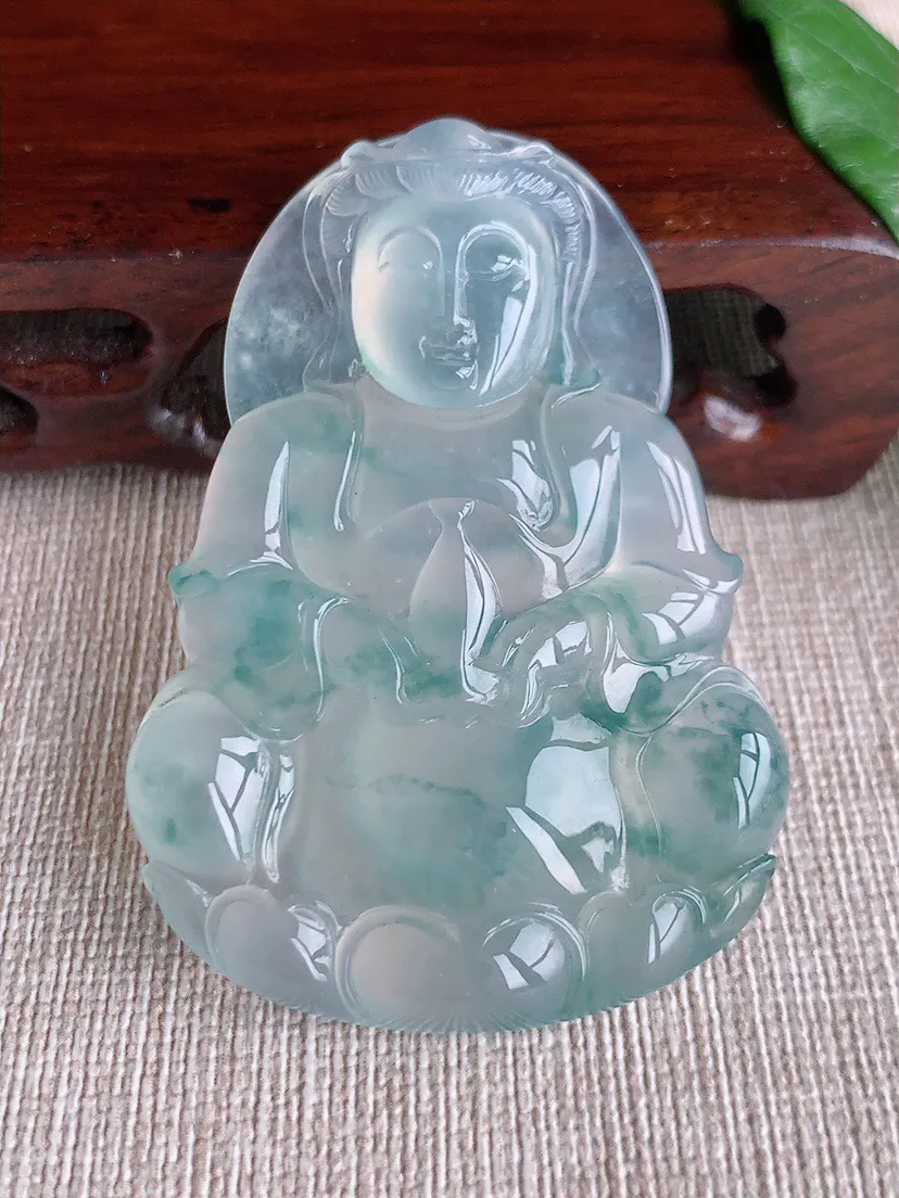 缅甸a货翡翠ddj老坑高冰种冰飘花正装观音吊坠 整体57.7×40×8.2mm 32.48