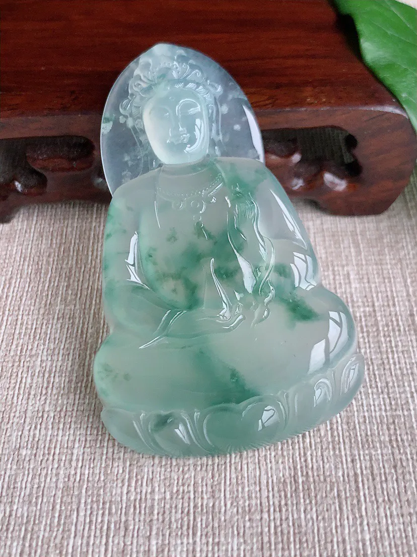缅甸a货翡翠ddj老坑高冰种冰飘花素衣观音吊坠  整体65×39.6×5.8mm 26.70