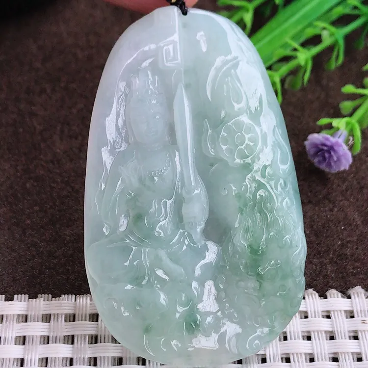 自然光老坑冰胶果冻飘花文殊菩萨吊坠翡翠玉坠尺寸61.5/38.3/6.1