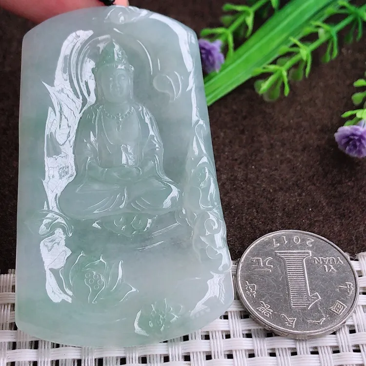 自然光老坑冰透果冻胶晴底观音菩萨观音牌吊坠翡翠玉坠尺寸67.5/42.3/5.2