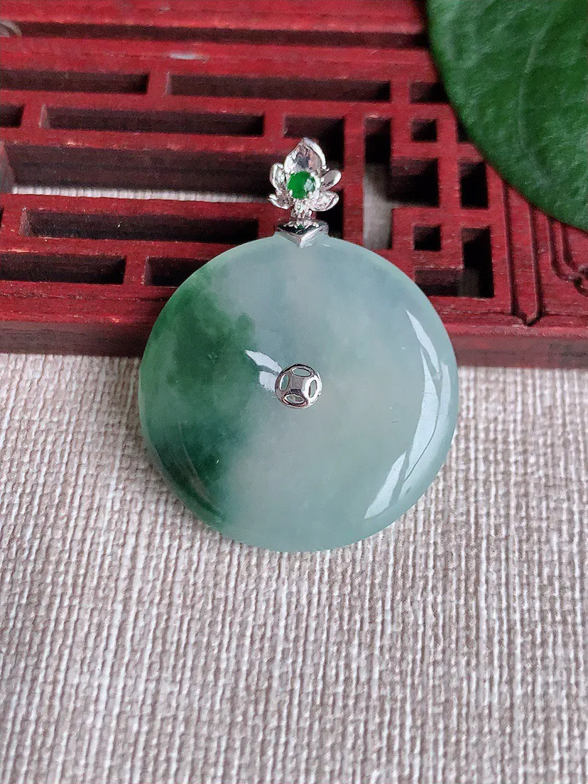 缅甸a货翡翠ddj老坑冰种18K金镶嵌飘花平安扣吊坠 整体34×26.3×4.5mm 7.80