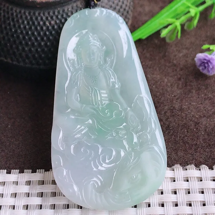 自然光老坑冰润果冻料清爽晴底普贤菩萨吊坠翡翠玉坠尺寸65/35.5/5