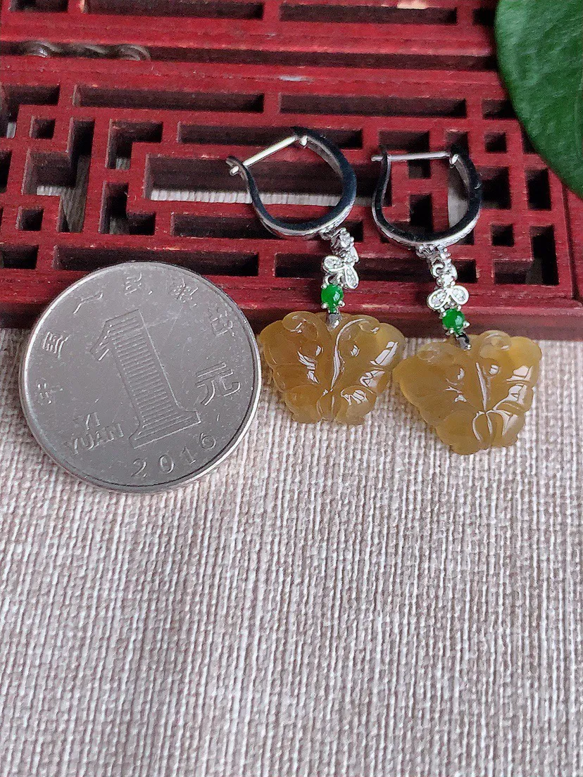 缅甸a货翡翠ddj老坑冰种18K金镶嵌黄翡蝴蝶耳坠 整体11.8×15.4×3.6mm 4.87