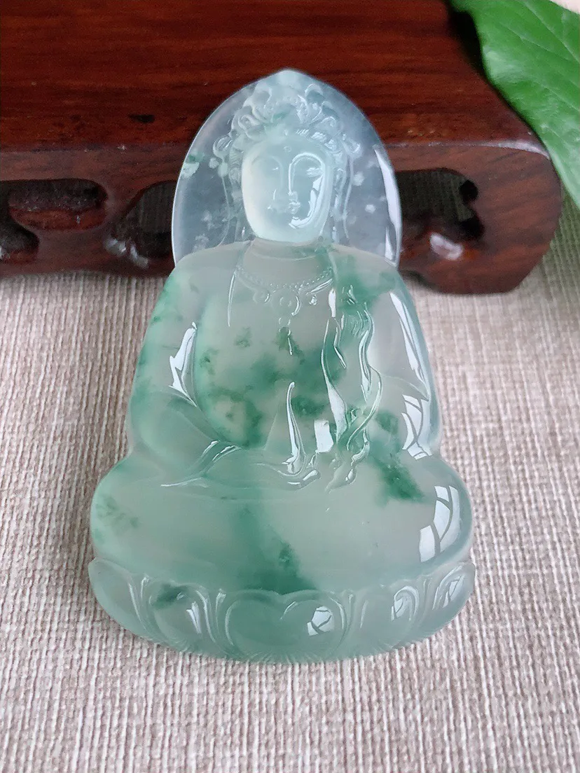 缅甸a货翡翠ddj老坑高冰种冰飘花素衣观音吊坠  整体65×39.6×5.8mm 26.70