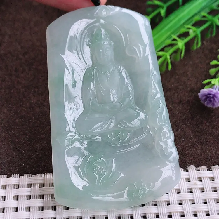 自然光老坑冰透果冻胶晴底观音菩萨观音牌吊坠翡翠玉坠尺寸67.5/42.3/5.2