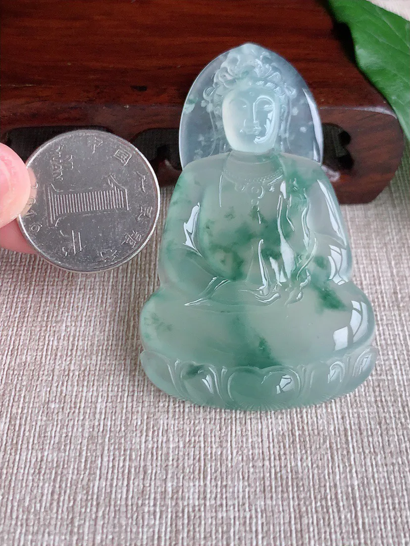 缅甸a货翡翠ddj老坑高冰种冰飘花素衣观音吊坠  整体65×39.6×5.8mm 26.70