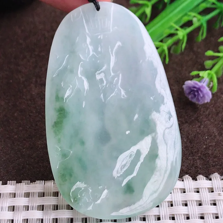 自然光老坑冰胶果冻飘花文殊菩萨吊坠翡翠玉坠尺寸61.5/38.3/6.1